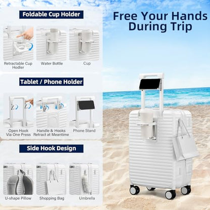HanTrip 20 Inch Carry on Luggage 22x14x9 Airline Approved Hard Shell Suitcases with Wheels, Top Opening Expandable Carry on Luggage with Cup Holder Small Rolling Suitcase with Lock, White - color: White, size: Expandable 20 Inch