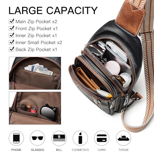 LATMAP 7L Sling Bag for Women Men Leather Small Sling Backpack Daypack Anti Theft Fanny Pack Crossbody Purse Travel - color: Regular Size-black With Brown