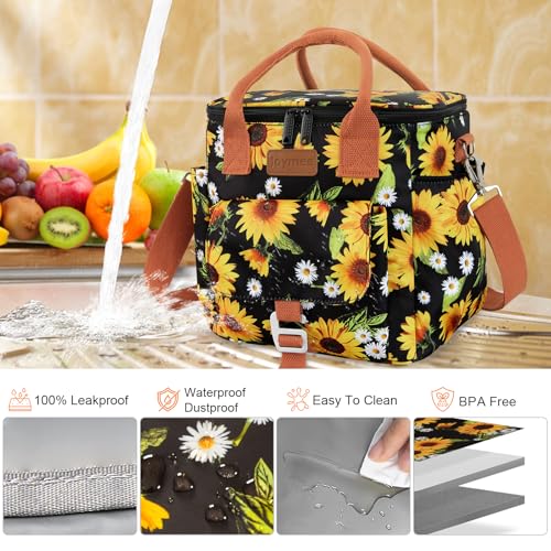 Joymee Insulated Lunch Bag for Women Reusable Leakproof - Sunflower | Large Spacious, Cooler Lunch Bag, Adjustable Shoulder Strap, With Side Pocket, Bottle Holder, for Office Work Picnic Travel - color: Sunflower