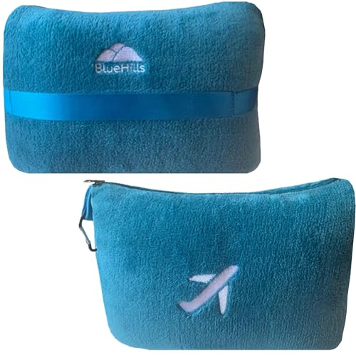 BlueHills Travel Blanket Pillow in Mini Soft Case Premium Plush Airplane Blanket in Soft Bag Compact Pack with Luggage Belt and Backpack Clip Airline Car 2 in 1 Traveler Essentials - Teal Blue M03 - color: Teal-m03