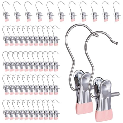 50PCS Space-Saving Clothespin, Portable 360° Rotating Stainless Steel Hanging Hook Clips Towel Clips,Laundry Hooks Hanging Clips with Clips for Home and Travel, Pink - color: Pink