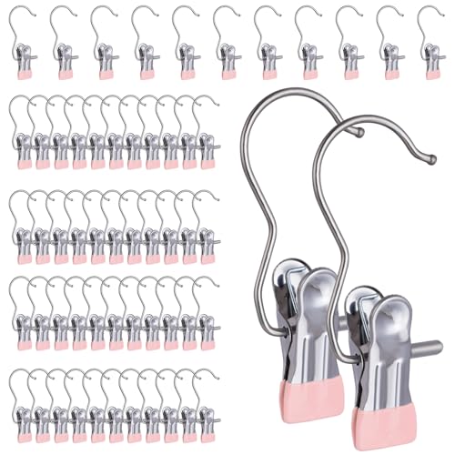 50PCS Space-Saving Clothespin, Portable 360° Rotating Stainless Steel Hanging Hook Clips Towel Clips,Laundry Hooks Hanging Clips with Clips for Home and Travel, Pink - color: Pink