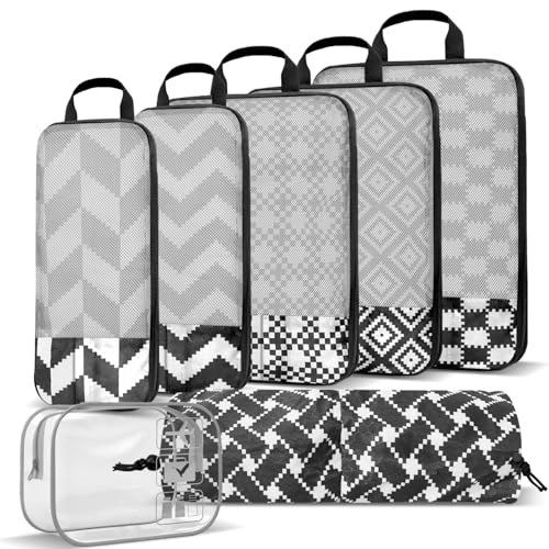 Geometrical abstract Compression Packing Set (7 Piece) - Quick-Dry Organizer Cubes Packing - Travel Essential Bag for Clothes Shoes Cosmetics Toiletry - color: Black-12