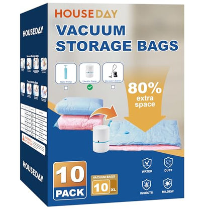 HOUSE DAY 10 Jumbo Vacuum Seal Bags For Clothing Travel, 80% Space Saving Travel Vacuum Bags with Electric Pump, Vacuum Storage Bags For Clothes, Comforters, Blankets, Moving, Reusable & Durable - size: 10 Jumbo-E PUMP
