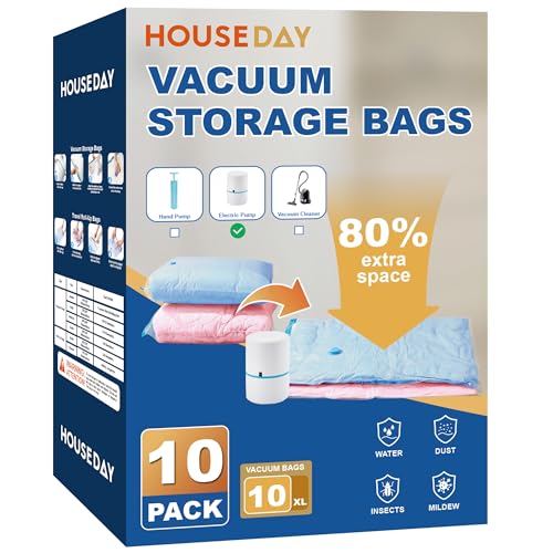 HOUSE DAY 10 Jumbo Vacuum Seal Bags For Clothing Travel, 80% Space Saving Travel Vacuum Bags with Electric Pump, Vacuum Storage Bags For Clothes, Comforters, Blankets, Moving, Reusable & Durable - size: 10 Jumbo-E PUMP