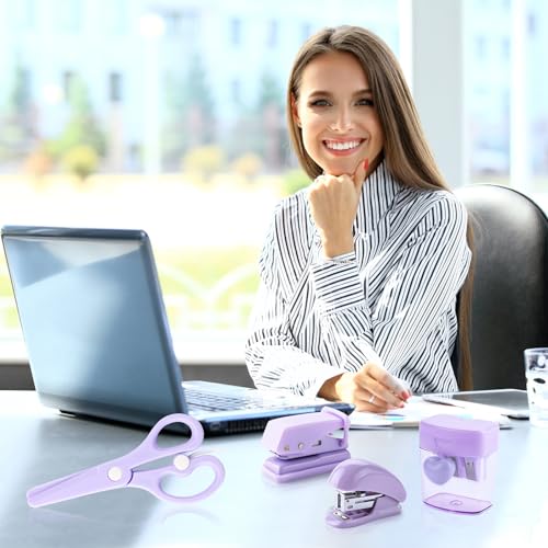 Purple Mini Office Supply Kit Mini School Supplies Desk Accessory Set Includes Mini Stapler Pencil Sharpener Staple Remover Hole Punch Ballpoint Pen Scissor Box Cutter Paper Clips Sticky Index Tabs - color: Purple