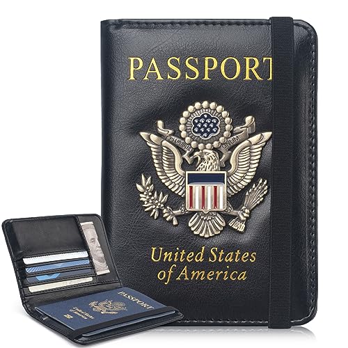 Coowayze Passport Holder Cover for Women Men, Leather US Passport Wallet Case with Vaccine Card Slot for Travel, RFID Passport Book Cover Travel Document Organizer Carrier - color: Black