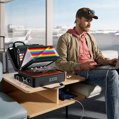 5200℉ Fireproof Document Box with lock, Hard-Shell Case File Organizer with 24 Pocket Accordion File Folder, Portable Safe Box with Shoulder Strap for Home Important Documents Laptop Black