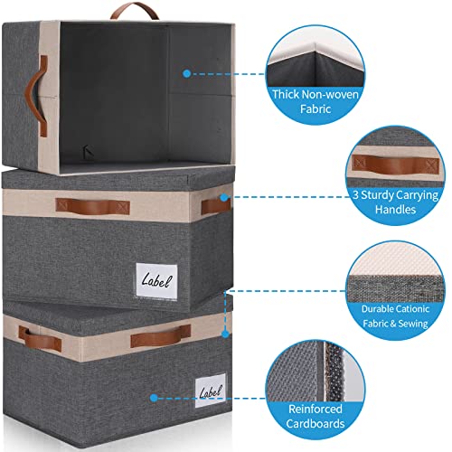 GhvyenntteS Fabric Storage Bins with Lids 3 Pack, Large Fabric Storage Baskets with Lid and Handles, Foldable Closet Organizers and Storage boxes with Label Window for Home (Beige, 15" x 11" x 9.7") - color: Grey with Beige, size: Large-3 Pack