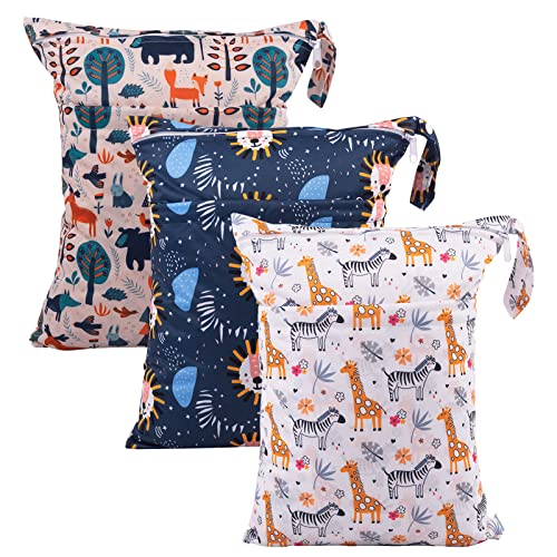 babygoal Wet Dry Bags for Baby Cloth Diapers, Washable Travel Bags, Beach, Pool, Gym Bag for Swimsuits & Wet Clothes with Two Zippered Pockets 3 Pack, 3LN25 - color: Giraff and bear