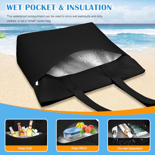 HUANLANG Large Beach Bags for Women Pool Bag with Zipper, Waterproof Sandproof Beach Tote Travel Bag with Wet Pocket - color: Black