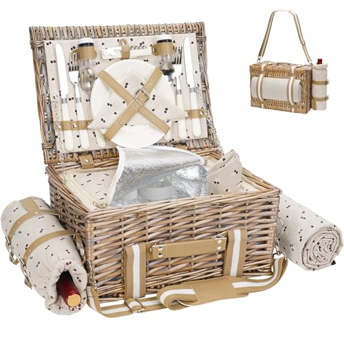 19Pcs Picnic Basket for 2 with Blanket - Wicker Picnic Basket with Strap,Wine Bag | Willow Picnic Set for 2 Person with Insulated Cooler | Wicker Hamper with Cutlery Kit, Beige - color: Strap-beige, size: 15x11x7.5inch