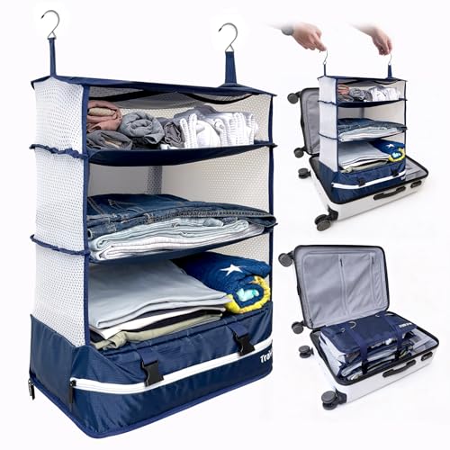 Grand Fusion Stow-N-Go Hanging Travel Shelves, Packing Organizer for Luggage. Carry on Closet for Suitcase. Expandable Packing Cube. Travel Essentials. (Blue - XL, XL = (L) 17.7" x (W) 11.8") - color: Blue, size: XL = (L) 17.7" x (W) 11.8"