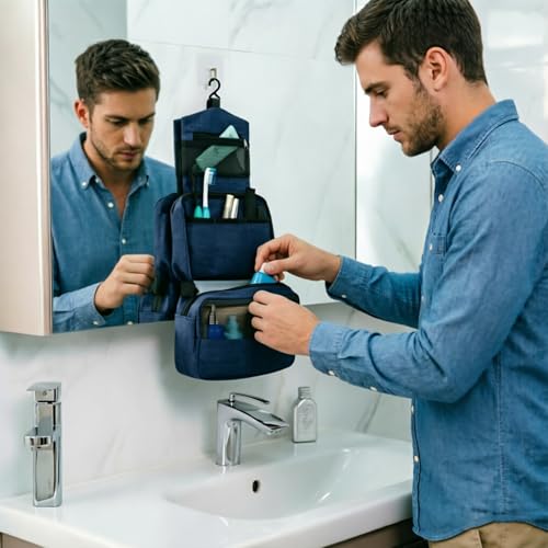 Travel toilet bag is used to store toiletries, Suitable for short-term travel use hanging toilet bag (Navy blue) - color: Navy blue