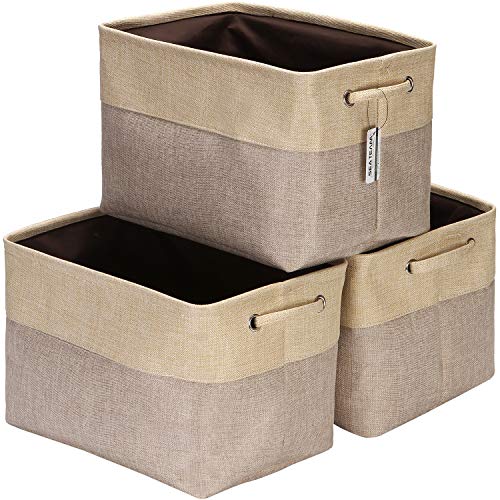 Sea Team 3-Pack Large Storage Basket Set, Trunk Organizer, Clothes Toys Bin, 15 x 10 x 10 Inches, Big Rectangular Canvas Fabric Collapsible Shelf Box with Handles for Kids Room (Tan/Beige) - color: Tan/Beige, size: Medium/15 x 10 x 10"