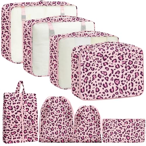 Packing Cubes for Travel - 8 Set Luggage Organizer Bags for Family, Mesh Breathable Packing Cubes for Suitcases Durable Travel Essentials Bags Set - color: Purple Leopard Print