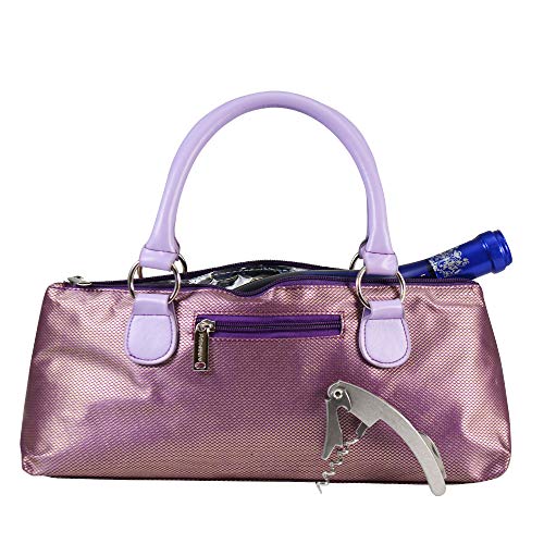 Primeware Wine Clutch Bag (Thermal Insulated) Trendy Women’s Carry Tote | Holds Red & White 750mL Bottles | Trendy Fashion | Incl. Portable Waiter-Style Corkscrew - color: Purple Gold