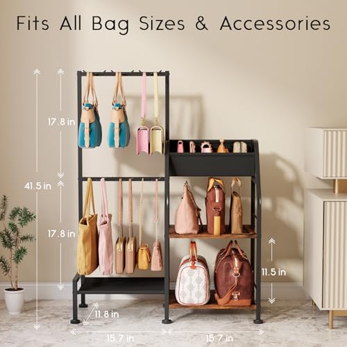 Homsorout Purse Organizer for Closet - Purse Rack Stand with 12 Hooks, 2 Wooden Shelves Purse Storage for Closet, Large Capacity Backpack Storage, Handbag Organizer for Home, Living Room, Black - color: Black