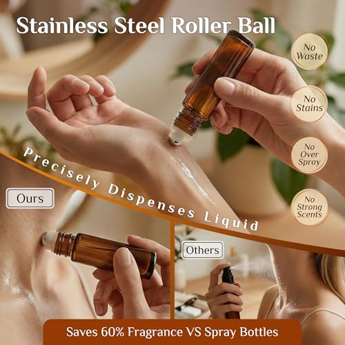 PrettyCare 4 Pack Amber Glass Oil Roller Bottles for Essential Oils 10ml, Roll On Bottles with Stainless Steel Roller Ball Leak-Proof Perfume Travel Refillable Bottle Empty, Beauty & Personal Care - color: Amber with Golden Cap, size: 4 Pack