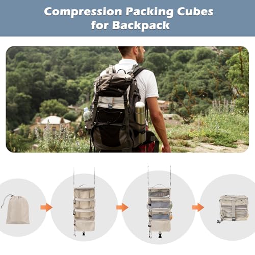 Surblue Hanging Travel Organizer Portable Hanging Luggage Organizer Multiple Compartments Collapsible Compression Closet Packing Cubes,Beige,S - color: Beige, size: Small