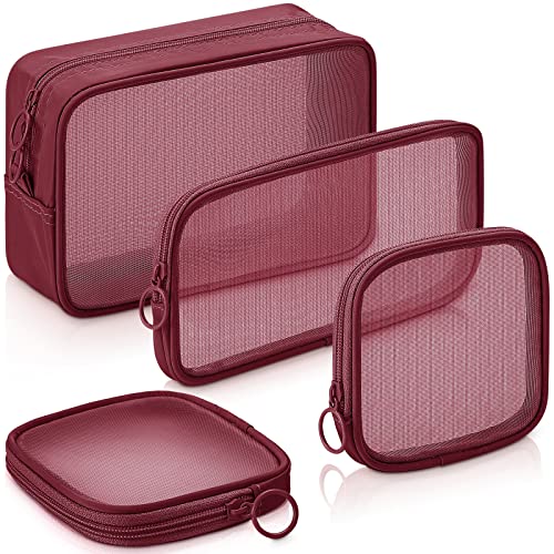Weewooday 4 Pcs Mesh Makeup Bag Mesh Cosmetic Bag Travel Toiletry Pouch with Zipper Mini Makeup Cosmetic Purse for Daily Accessory(Small, Large, Medium,Wine Red) - color: Wine Red, size: Variety Pack