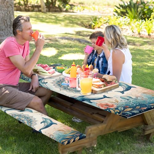 Picnic Table Cover with Bench Covers Elastic Edges, Coastal Camper Fitted Table Cover, Outdoor Camping Essentials 72 Inch 3PCS, Waterproof Camping Fitted Tablecloth with Drawstring Bag - color: Coastal, size: 72in