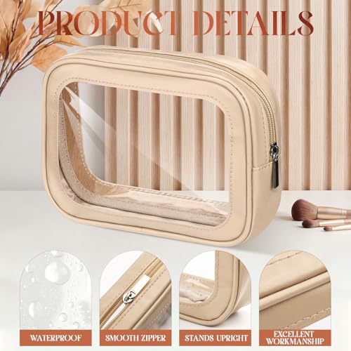 Abbylike 4 Pcs Nude Clear Makeup Bag PU Leather Tsa Approved Toiletry Bag with Zipper Transparent Waterproof Portable Cosmetic Bags Travel Car Clear Organizer Bags for Women Girls Mother's Day - color: Nude