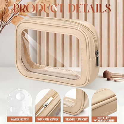 Abbylike 4 Pcs Nude Clear Makeup Bag PU Leather Tsa Approved Toiletry Bag with Zipper Transparent Waterproof Portable Cosmetic Bags Travel Car Clear Organizer Bags for Women Girls Mother's Day - color: Nude
