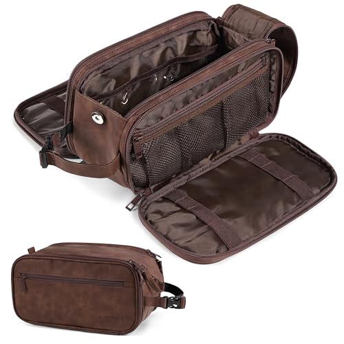 PAVILIA Toiletry Bag for Men, Hanging Travel Dopp Kit Organizer, PU Leather Water Resistant Bathroom Bag for Shaving Grooming, Large Capacity Cosmetic Bag Travel Essentials, Dark Brown - color: Dark Brown, size: Large (10.5x5.5x6)