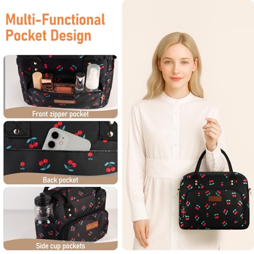 Lunch Bag Large Insulated Lunch Box for Women Men Adult Cute Cherry Lunchbox Lunch Bags Boxes Pail with Shoulder Strap for Work Mom Picnic Office Travel 11.4×6.8×9.1 inches 11.5L Black - color: Black Cherry
