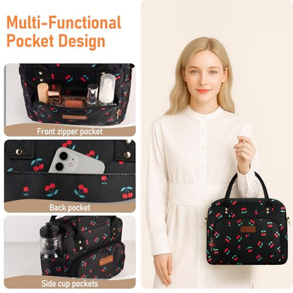 Lunch Bag Large Insulated Lunch Box for Women Men Adult Cute Cherry Lunchbox Lunch Bags Boxes Pail with Shoulder Strap for Work Mom Picnic Office Travel 11.4×6.8×9.1 inches 11.5L Black - color: Black Cherry