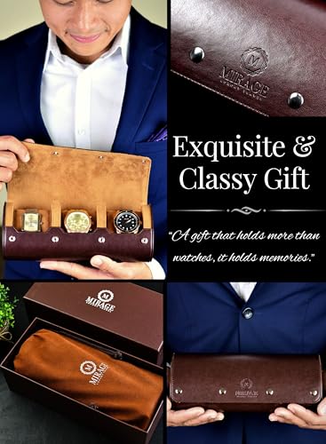 Watch Travel Case for Men Watch Roll for Travel Organizer and Display Watch Case - Swiss Espresso Vegan Leather Watch Case - color: Espresso Finish 3-watch case