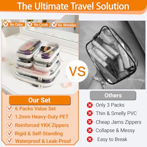 YQBRAO 6 Pack Clear Hard Shell Beauty Organizer (2M+4S), 1.2mm Crush-Proof Cosmetic Case, Reinforced YKK Zippers, Stadium Approved Security Bag for Skincare, Toiletries & Electronics, Multi-Size Set - color: White, size: 6 Pack (2M+4S)
