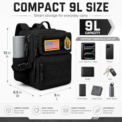 9L Mini Tactical Backpack Small Military Gym Bag for Men Women Molle Daypack Camping Backpack with Patch (Black) - color: Upgrade Black