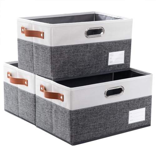 PRANDOM Foldable Storage Bins with Handles [3-Pack] Fabric Collapsible Storage Boxes Baskets Cubes Containers with Handles for Closet Living Room Bedroom (Grey & White 14.9x9.8x8.3'') - color: Grey & Cream, size: Large(3-Pack)
