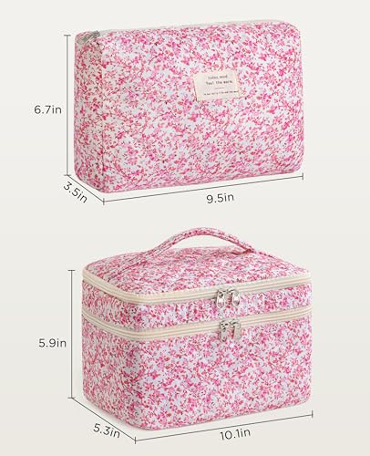HBselect 2Pcs Travel Makeup Bag, Large Cotton Quilted Makeup Bag Cosmetic Bag Cute Make up Bag Toiletry Bags for Women Girls - color: 2PCS-FLOWER5