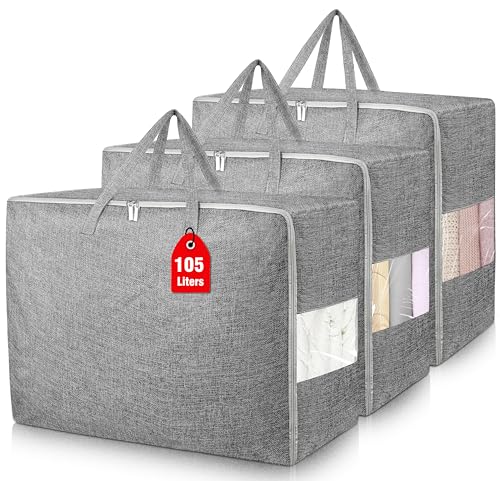 105L Extra Large Storage Bags, Folding Moving Comforter Blanket Storage Bags Closet Organizers and Storage Containers for Clothes with Strong Handles&Zippers Clear Window for Bedding Pillow Grey 3Pack - color: Grey, size: 3 x 105L