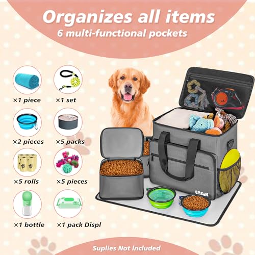 5 Set Dog Travel Bag for Supplies, Dog Lovers, Large Pet Travel Kit Includes 2 Food Containers&2 Collapsible Bowls、Placemats,Grey - color: Wavellite Gray