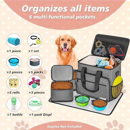 5 Set Dog Travel Bag for Supplies, Dog Lovers, Large Pet Travel Kit Includes 2 Food Containers&2 Collapsible Bowls、Placemats,Grey - color: Wavellite Gray
