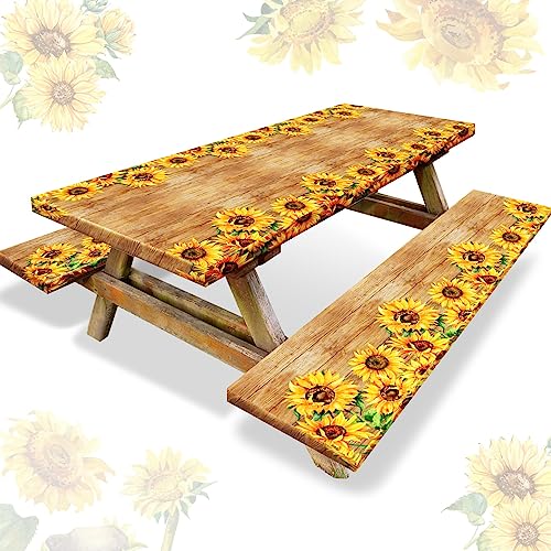 Boao 3 Pcs Vinyl Picnic Table Cover with Bench Cover 6 ft 30 x 72 Inch Waterproof Fitted Tablecloth Flannel Backing Rectangular Elastic Edged for Camping Outdoor Patio Travel(Retro Sunflower) - color: Retro Sunflower