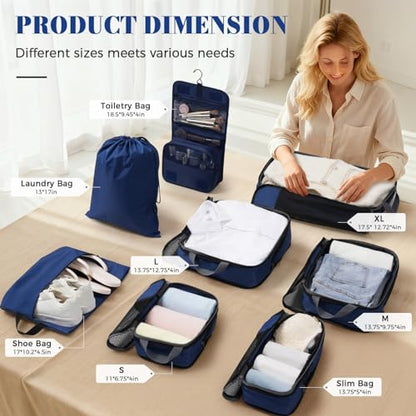 BAGAIL 4 Set/6 Set/8 Set Compression Packing Cubes Travel Accessories Expandable Packing Organizers(HalfMesh,8-Navy) - color: 8-Navy, style: Half Mesh