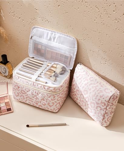 HBselect 2Pcs Travel Makeup Bag, Large Cotton Quilted Makeup Bag Cosmetic Bag Cute Make up Bag Toiletry Bags for Women Girls - color: 2PCS-Quilted Makeup Bag 2
