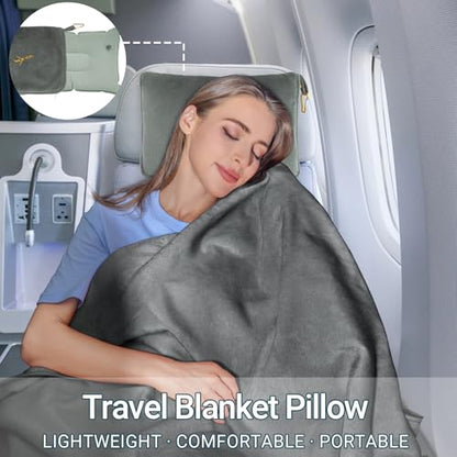 Travel Blanket and Pillow Set for Airplane, 300 GSM Soft Fleece Compact Travel Blanket with Inflatable Pillow and Carry Bag, 60x43 Inches, Grey - color: Grey