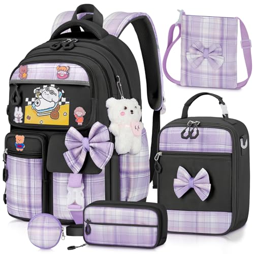 Girls Backpack with Lunch Box Set, 5pc Black Cute Kawaii Bookbag for Teens, Aesthetic School Backpack for Elementary - color: Black