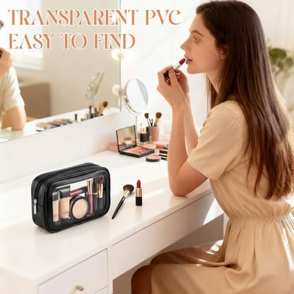 Abbylike 4 Pcs Clear Makeup Bag PU Leather Tsa Approved Toiletry Bag with Zipper Transparent Waterproof Portable Cosmetic Bags Travel Car Clear Organizer Bags for Gifts Women Girl Mother's Day, Black - color: Black