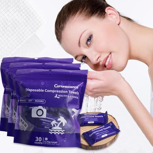 Cottonessence Premium Compressed Towels (90 count) - 30 Count (Pack of 3), 9.4" x 11.8", Portable Cotton Wipes Tablets, Individually Wrapped Coin Tissues for Travel Camping Hiking Outdoor Beauty Salon - size: 30 Count (Pack of 3)