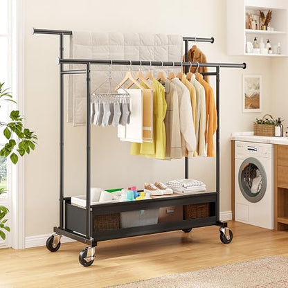 Clothes Rack, Double Rod, 210 LBS, Storage Basket, Black | Rolling Garment Rack with Lockable Wheels for Bedroom, Dorm, Apartment, Laundry Room – Space Saver, Tool-Free Easy Assembly - color: Black