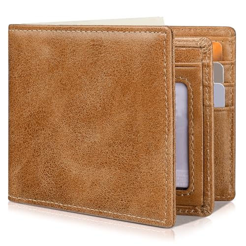 Artpaxy Mens Wallet Genuine Leather Bifold RFID Blocking Wallet for Men with 1 ID Window 13 Card Holders 2 cash pockets 1 Gift Box (Light Brown) - color: Light Brown