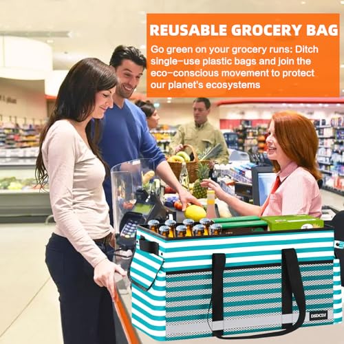 Extra Large Utility Tote Bag with Reflective Strip, Standing Reusable Grocery Bags with Hard Bottom, Collapsible Utility Tote with Handles for Shopping, Beach, Picnics, Car, Striped Green - color: Striped Green