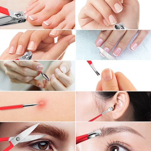 Manicure Set, Travel Mini Nail Clippers Kit Pedicure Care Tools, 10pcs Stainless Steel Grooming kit (Red) - color: Red